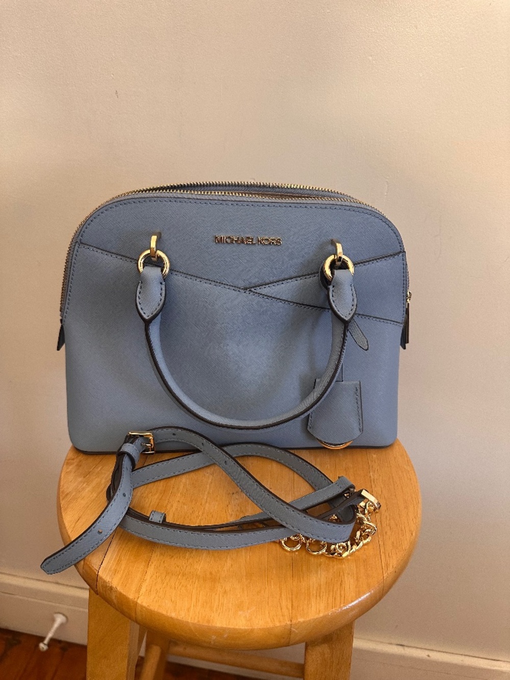 Michael Kors Blue Saffiano Leather Dome Satchel Crossbody Gold Hardware
